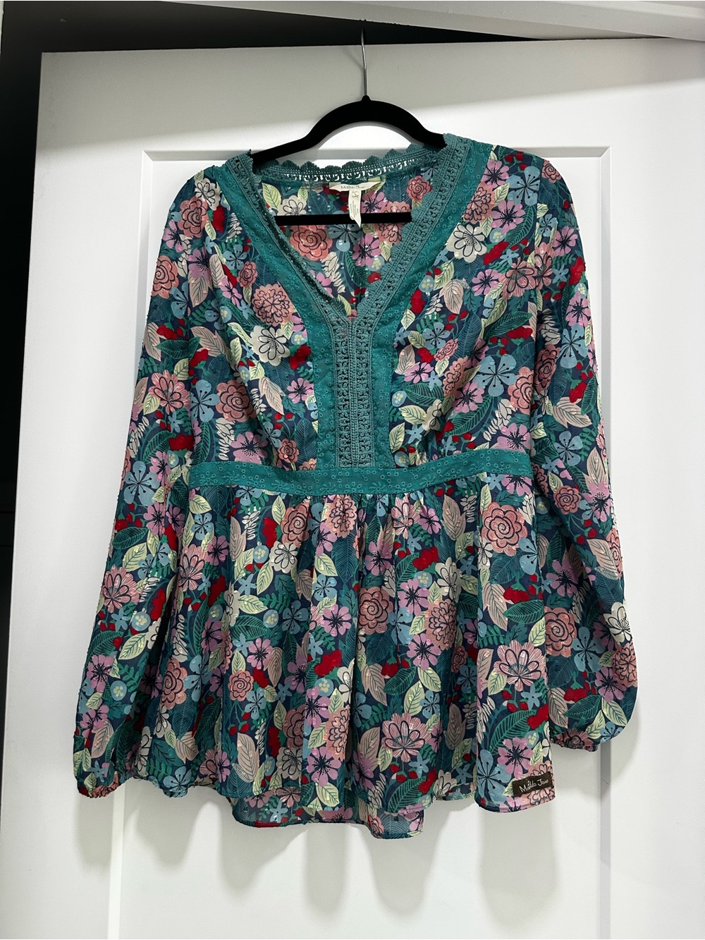 Matilda Jane Teal Floral V-Neck Peplum Blouse - LARGE (fits medium)